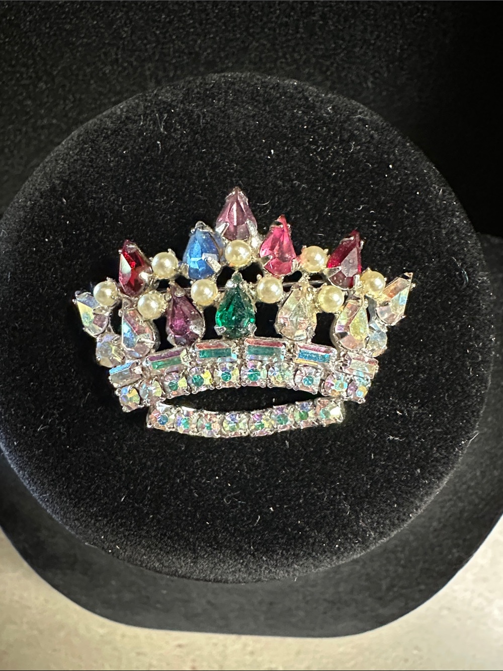 Vintage Multicolor Rhinestone Crown Brooch with Faux Pearls